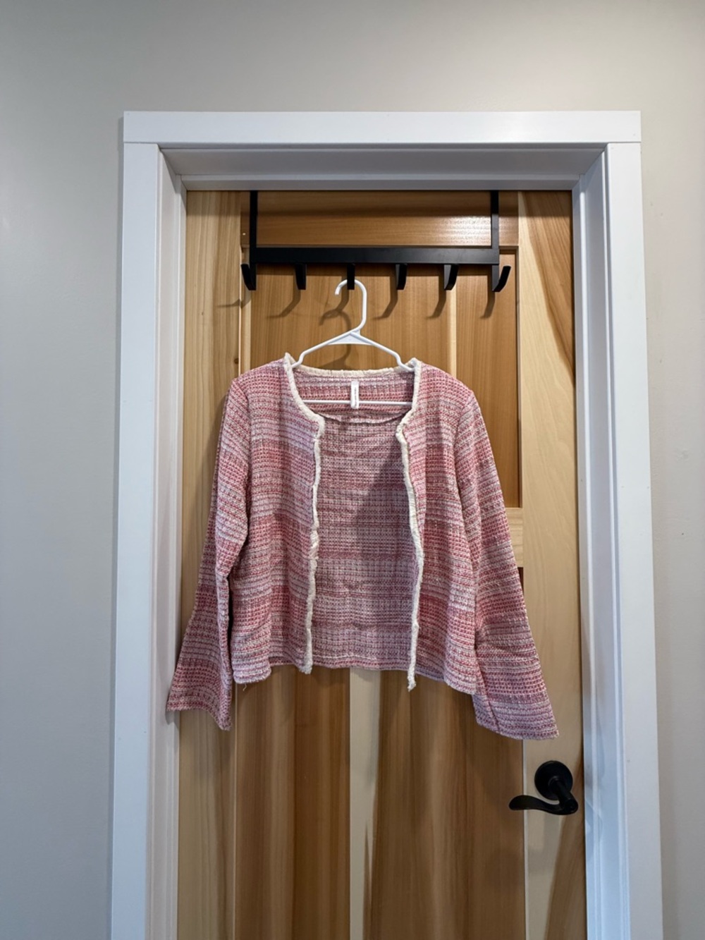 Pink Tweed Open Cardigan with White Trim